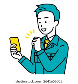 Male worker is happy to see the screen of his smartphone