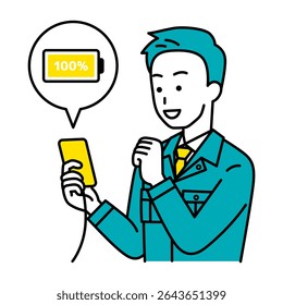 Male worker is happy that his smartphone battery is full