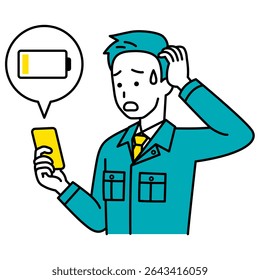 Trabalhador masculino tendo problemas com uma bateria baixa do smartphone