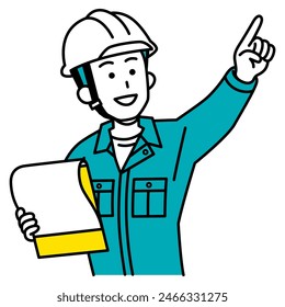 A male worker holding a clipboard and pointing into the distance