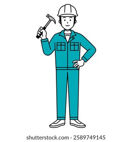 Male worker holding a hammer (full body)