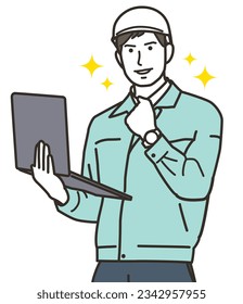 A male worker holding a PC and doing a guts pose
