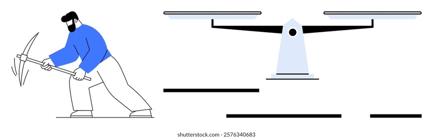 Male worker holding a pickaxe next to a balance scale. Ideal for themes on labor, justice, equality, work rights, and economic fairness. Simple and modern style