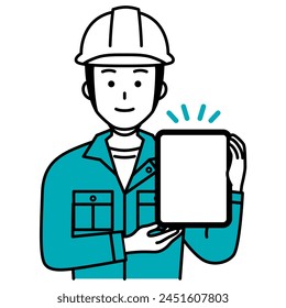 A male worker holding a tablet and explaining