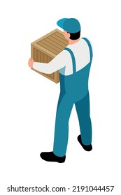 Male worker holding wooden box back view 3d isometric vector illustration