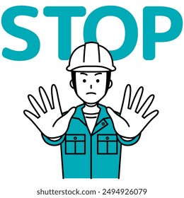 Male worker holds both hands and says STOP
