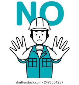 Male worker holds his hands up and says NO