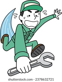A male worker hurriedly performs repairs