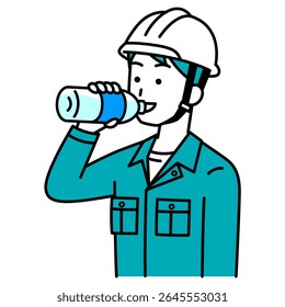 Male worker hydrating with bottled water