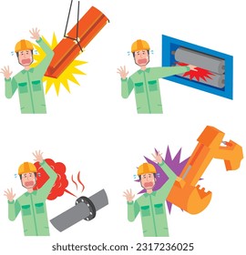 Male worker illustration set suffering from industrial accident