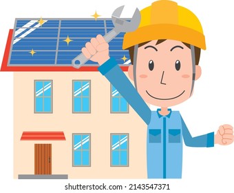 Male worker installing solar panels