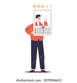 Male worker man applying for job hold cv for vacant position application. Employee preparing resume for interview. Vacancy and human resources concept. Cartoon flat vector illustration