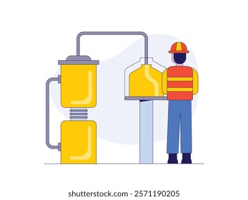 Male worker observing the machine work, filtering during brewing. Character design. Vector flat illustration