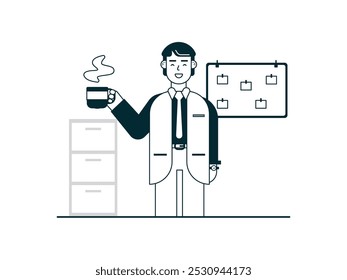 Un trabajador masculino en una oficina tomando un descanso bebiendo café caliente, calmando su mente del trabajo. Diseño de personajes. Ilustración plana de Vector