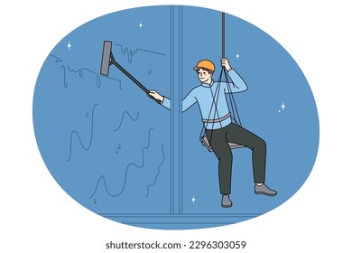 Male worker on safety ropes cleaning windows of office building. Man alpinist or industrial climber work on cables, climb onto surface. Occupation and profession. Vector illustration.