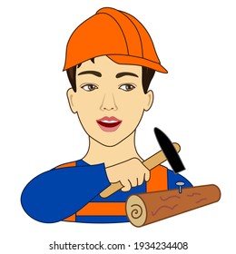 male worker in orange hard hat and overalls hammers a nail into a log, color simple emoticon on white isolated background