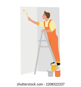 Male worker painting wall on white background