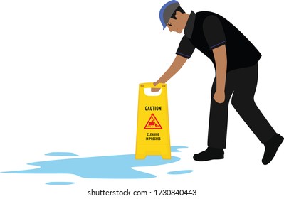 Male Worker Placing The Sign Board Near The Water Spill On The Floor. Vector Illustration