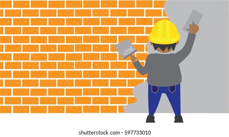 male worker plasterer using a trowel  at cement wall,illustration