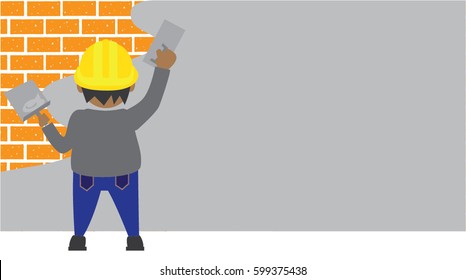 male worker plasterer using a trowel  at cement wall,illustration