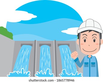 Male worker posing in front of a hydroelectric power plant