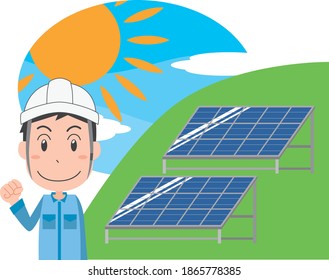 Männlicher Arbeitnehmer, der vor einem Fotovoltaiksystem steht