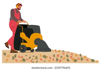 Male Worker Pushing A Leaf Blower Machine While Collecting Autumn Leaves In A City Park. Cartoon Character Uses Machine For Efficient Collection Of Fallen Leaves, Showing A Focus On Urban Cleanliness