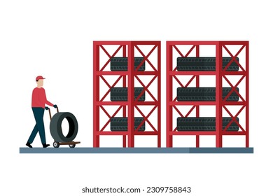 Male worker pushing tire to the shelf 2d vector illustration concept for banner, website, illustration, landing page, flyer, etc.