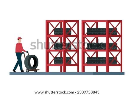 Male worker pushing tire to the shelf 2d vector illustration concept for banner, website, illustration, landing page, flyer, etc.