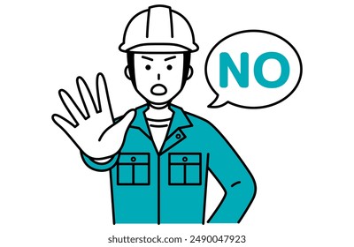 Male worker puts his right hand forward and says NO