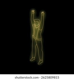 Male worker raising hands in celebration with yellow neon light on black background