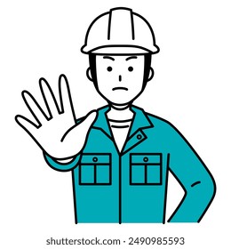 Male worker refusing to accept something by putting his right hand forward