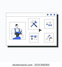 Male worker reviewing repair tools on website interface in flat vector illustration symbolizing online shopping, tool selection, and handyman services, isolated on white background.