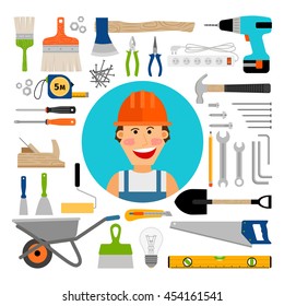 Male worker with safety equipment, working and construction tools comic icons. Vector illustration