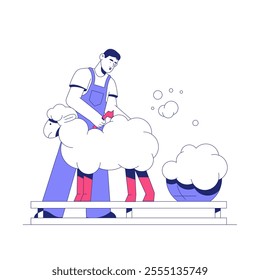 Male Worker Shearing Sheep In Flat Vector Illustration Symbolizing Farming, Livestock Care, And Agricultural Practices, Isolated On White Background.