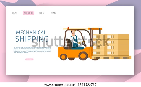 Male Worker Shipping Goods on Tray by\
Forklift Car. Engineer Working and Driving Loader with Cardboard\
Box on Wooden Pallet. Drawing of Smiling Factory Guy. Flat Cartoon\
Vector Illustration