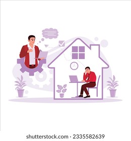 A male worker sits in front of a laptop inside the house, having a meeting with his friend online. Trend Modern vector flat illustration