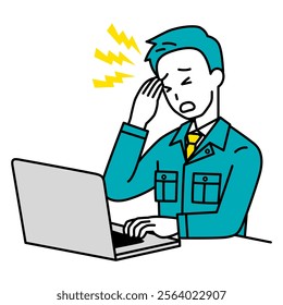 Male worker suffering from headache while working on laptop
