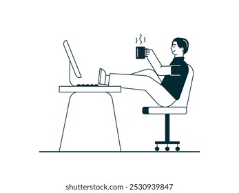 Trabajador masculino tomando un descanso en su lugar de trabajo, bebiendo café caliente sin prisa. Diseño de personajes. Ilustración plana de Vector