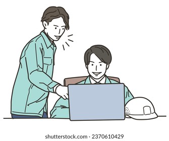 A male worker teaching computers and a male worker being taught