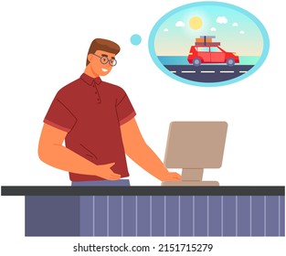 Male worker thinking about holdays, summer vacation. Pensive dreamer man working at computer with thought of trip. Thoughtful guy dreaming about future travel during work vector illustration