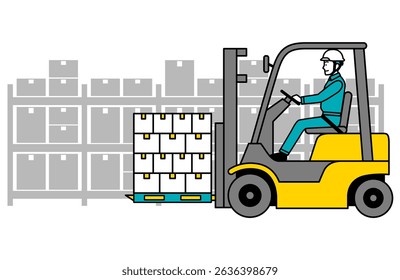 Male worker transporting goods with a forklift in a warehouse