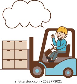 A male worker transports cargo with a forklift and makes a fist pump.