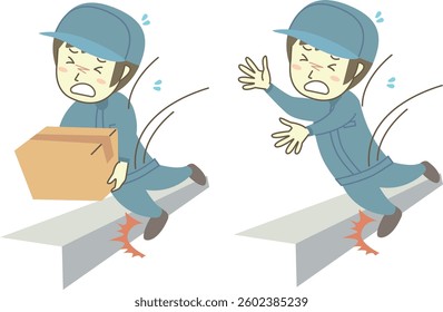Male worker tripping over a step with or without cardboard box