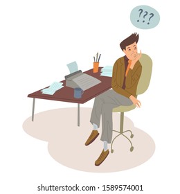 Male worker with typewriter. Occupation, author prints. Flat design svector illustration