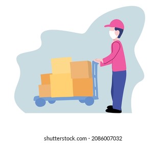 Male worker in a uniform pushing a hand truck loaded with boxes. Courier push cart or lorry with stack of goods cardboard on business delivery services.