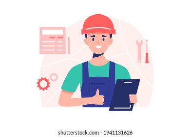 Male worker in uniform vector illustration. Man wearing protective helmet flat style. Person holding clipboard and showing thumbsup. Construction site and repair service concept. Isolated on white