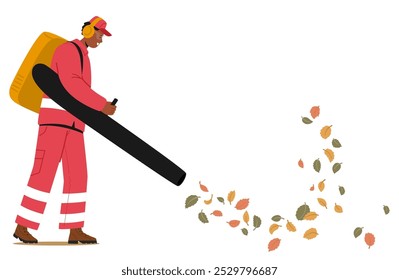 Male Worker Using Powerful Leaf Blower To Gather Autumn Leaves In An Urban Park. cartoon Character Dressed In Uniform And Protective Gear, Focused On Maintaining Cleanliness By Clearing Fallen Foliage