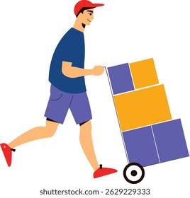 Male worker at warehouse carrying something with hand track. Employee at a shipping company or a warehouse. Transport, wheelbarrow, cardboard box, warehouse. Ready-made design for logistics