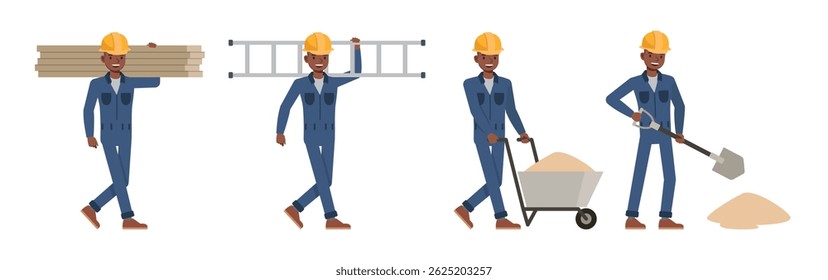 Trabalhador masculino vestindo macacão azul trabalho personagem vetor ilustração conjunto de design.
